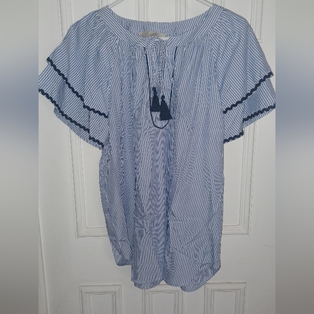 Loft Shirt Women's Size Large Ruffle Bell Sleeves Stripe Romantic Blouse